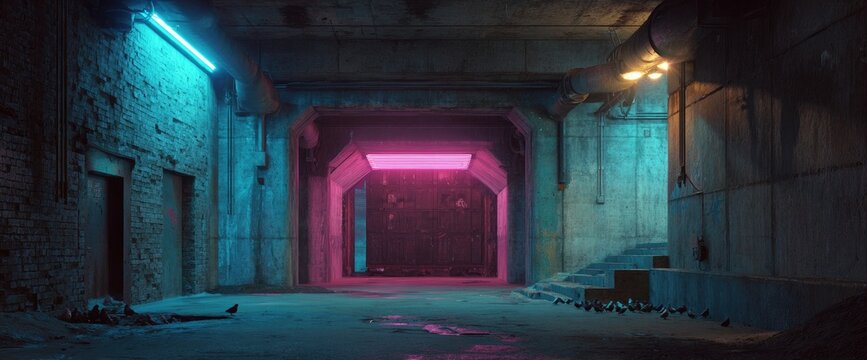 Urban underpass with pink, teal, and yellow lighting, textured walls