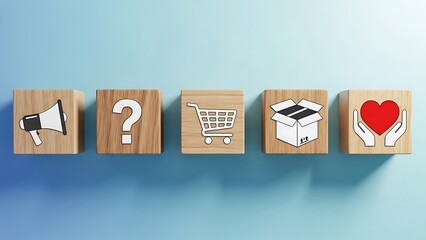 Marketing and customer journey concept with wooden blocks on a blue background.