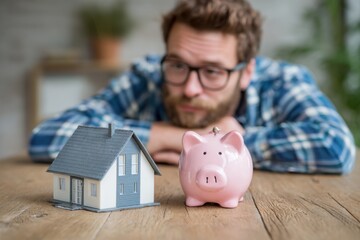 Thoughtful person considering financial planning with piggy bank and model house on table in natural light setting