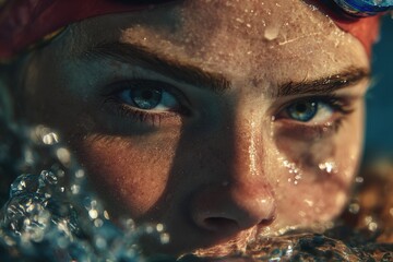 Promotional shot featuring a swimmer submerged in water, capturing intense focus and determination at a training session in an indoor pool