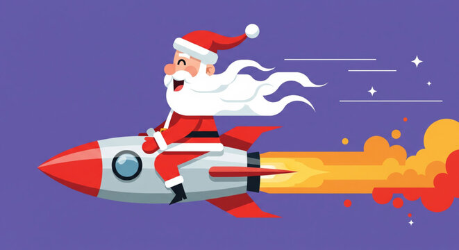 Jolly Santa Claus embarks on a futuristic, high-speed rocket journey, delivering festive cheer and gifts with extraordinary haste for a modern Christmas celebration