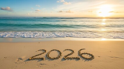Beach sand writing 2026 with waves and sunset in the background