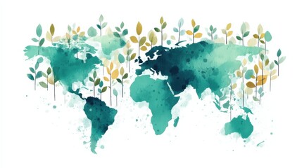Obraz premium A colorful watercolor map of the world adorned with leaves, symbolizing nature's connection to geography and global awareness.