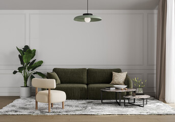 Stylish living room interior with green sofa, cloud dancer 2026, chair and empty white pantone wall mockup, 3d illustration
