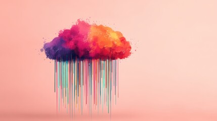 A vibrant, artistic cloud with colorful raindrops against a soft pink background, blending creativity and emotion in a whimsical design.