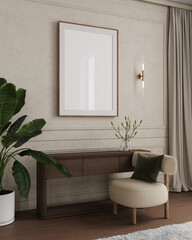 Mock up frame in white home interior background, bright room with minimal decor, 3d render