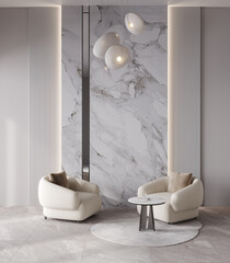 Luxury hotel hall interior with armchair, color of the year 2026, cloud dancer, white, lamp and marble panel, 3d rendering