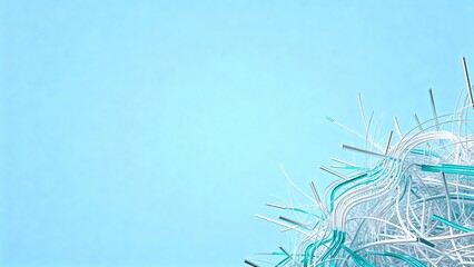 An abstract digital artwork featuring a cluster of thin 3D lines and rods with a metallic sheen, creating dynamic movement in the lower right corner against a minimalist light blue background.