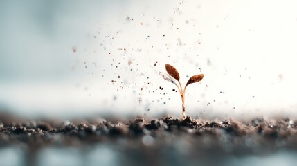 A small seedling emerges from the soil, surrounded by dust particles, symbolizing growth and new beginnings in a serene environment.