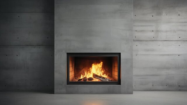 Warm orange fire burning inside a minimalist black fireplace insert set into a cool gray concrete wall.