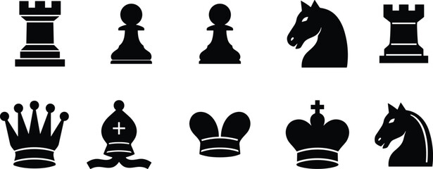Vector Set of Black Chess Piece Silhouettes King, Queen, Rook, Knight, Bishop, and Pawn Icons for Strategy Games, Tactics, and Modern Design. © AVIJIT