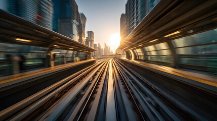 Obraz premium Futuristic Rapid Transit Railway in Modern City Skyline with Motion Blur and Sunset Light