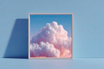 Cloudscape print in a frame, bathed in soft light on a solid blue background