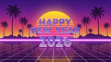Retro Happy New Year 2026 Design with Palm Trees, Sunset, and Neon Grid in 80s Style