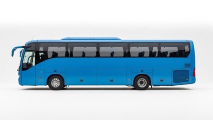 Sleek blue modern passenger coach bus captured in a clean side profile against a pristine white background, representing efficient and comfortable road travel for groups