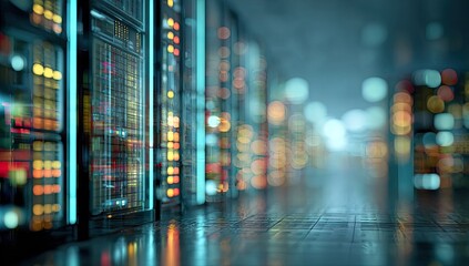 Server room hallway with lights, glowing bokeh, and reflective tiled floor