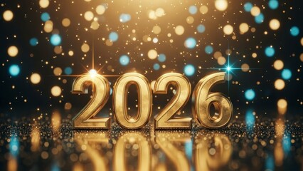 Golden 2026 numbers gleam with festive sparkle and brilliant bokeh lights, symbolizing a vibrant New Year and exciting future celebrations