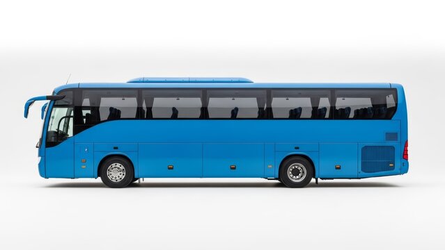 Sleek blue modern passenger coach bus captured in a clean side profile against a pristine white background, representing efficient and comfortable road travel for groups