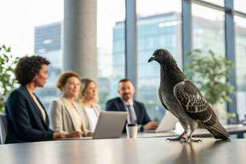 A curious pigeon makes an unusual appearance on a conference room table, drawing attention from business professionals during a strategic meeting