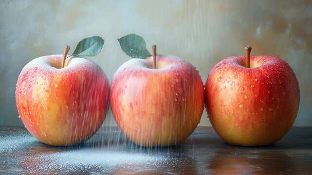 Fresh red apples with water droplets arranged in a row on a wooden surface against a muted background