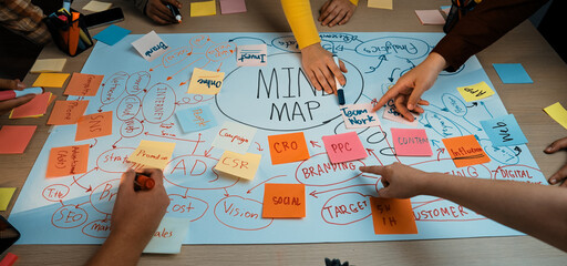 Engaging scene of a collaborative brainstorming session where diverse hands create a colorful mind map on paper, showcasing teamwork and innovative ideas in a modern office setting. SACTR