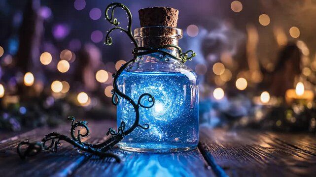 Magical Elixir in a Bottle with Enchanting Bokeh Lights.