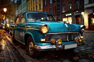 Vintage transport captures a retro car parked on a cobbled street illuminated by warm streetlights in a nostalgic urban setting during the evening