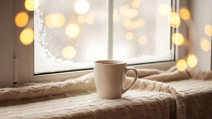 Cozy Winter Morning Coffee Mug on Snowy Window Sill with Warm Bokeh Lights