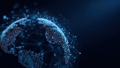 Globe of connected dots, lines on a blue background