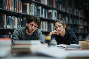 College students engage in focused study session amid books and papers in quiet library setting