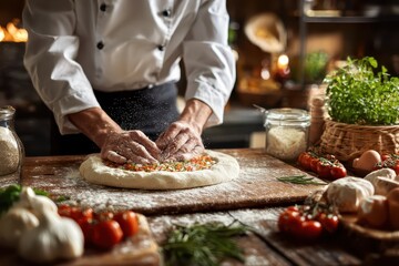 Chef prepares dough in a professional kitchen, adding fresh toppings like tomatoes and herbs for a delicious dish during a busy dinner service