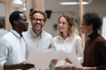 Cheerful multicultural business team collaborating on project ideas in a modern office setting during the afternoon