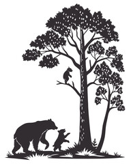 &ldquo;Bear Family Silhouette with Cubs Climbing Tree in Forest Scene&rdquo;