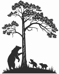 &ldquo;Bear Family Silhouette with Cubs Climbing Tree in Forest Scene&rdquo;