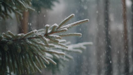 Heavy snowfall covers frozen pine needles in a close-up detail shot, conveying a cold, tranquil winter forest mood.