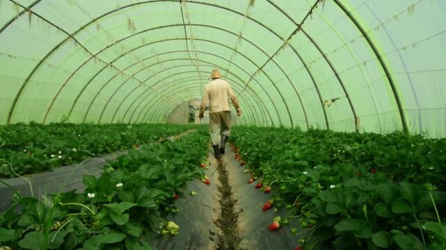 An African male farmer uses a tablet on his farm in the middle of a strawberry field in greenhouse. glasshouses, A farmer watches growth of fruits. Development of agriculture in Africa Jijel Algeria