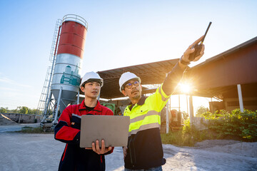 Two construction plant engineers wearing protective gear, stand inside an industrial processing plant. One is focused on a laptop the other communicates via walkie-talkie. digital project management.