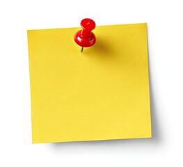 Yellow square sticky note pinned with a red pushpin isolated on white
