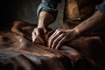 Artisan craftsman skillfully working with rich brown leather sheet in a rustic workshop environment during daylight, showcasing careful attention to detail and craftsmanship