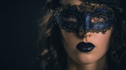 A mysterious woman wearing an elegant Venetian masquerade mask, adorned w/ gemstones, cinematic lighting, dark fantasy atmosphere