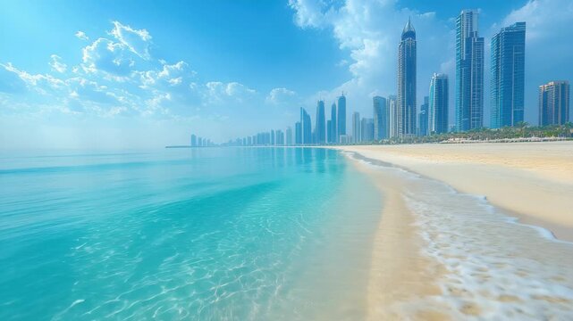 Skyscrapers line the coastline under a clear blue sky at a sunny beach during midday in a vibrant city