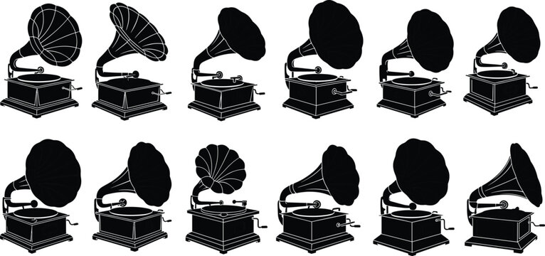Vintage gramophone silhouette icon set, antique audio device and phonograph horn collection, cad drawing flat vector illustration
