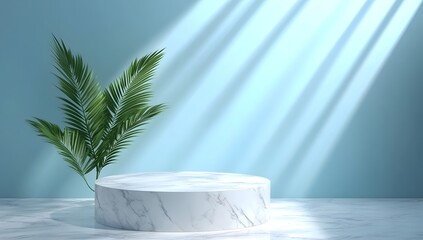 Marble pedestal with palm leaves under soft sunlight on a blue background.
