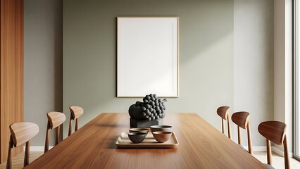 Modern dining room interior with a large wooden table and blank frame mockup.