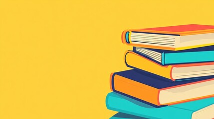 52.A playful, flat design of a stack of books with vibrant covers, set against a clean, bright background, ideal for a banner showcasing a book fair or library sale, designed to capture the attention