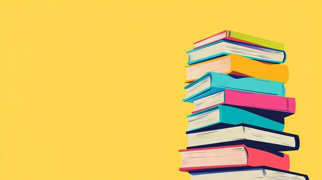 52.A playful, flat design of a stack of books with vibrant covers, set against a clean, bright background, ideal for a banner showcasing a book fair or library sale, designed to capture the attention