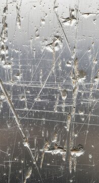 Highly textured metallic surface exhibits numerous deep scratches and surface imperfections.