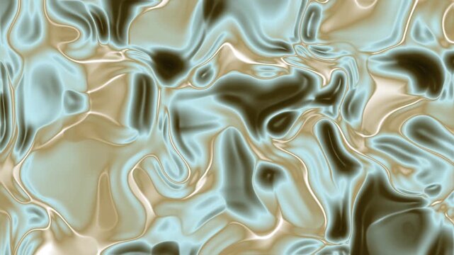 An abstract fluid background featuring glossy, organic shapes in metallic shades of light blue, beige, and brown. The smooth, flowing contours resemble liquid metal or digital surface mapping, creatin