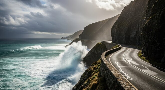 Winding coastal roadway hugs steep cliffs beside turbulent ocean waves under dramatic sky - Powered by Adobe