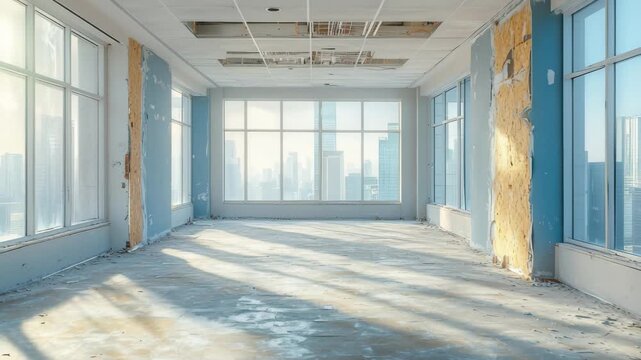 Empty urban space with large windows revealing a city skyline during daylight